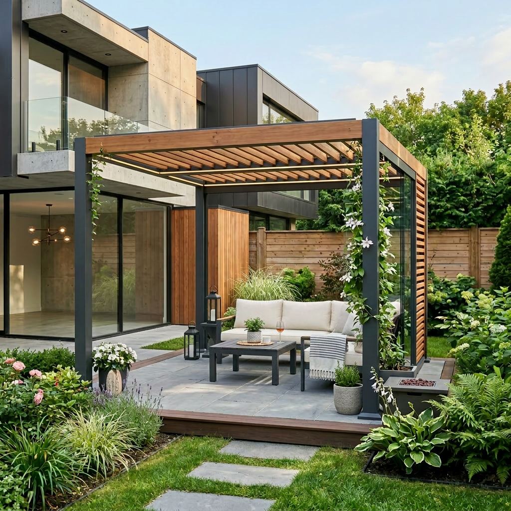 Pergola moderne avec canapé gris et table basse